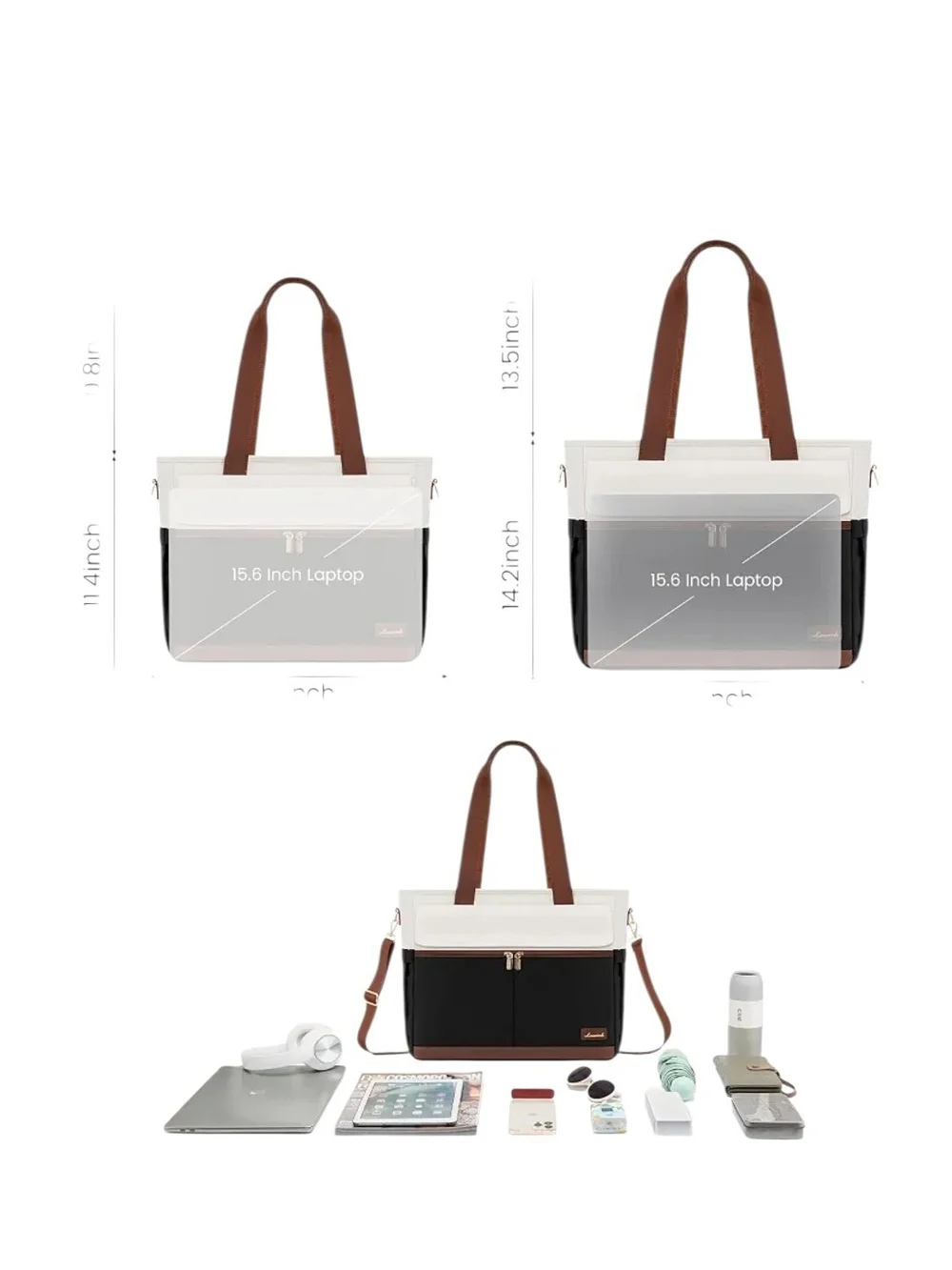 Two-Tone Black & White Laptop Tote with Brown Trim